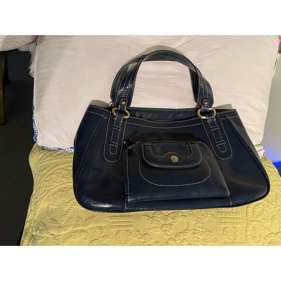 Perlina New York Navy Blue Faux Leather Shoulder Bag With Leopard Print Lining & - Picture 2 of 16